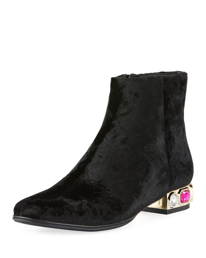 Anax Velvet Jeweled Zip Booties, Black