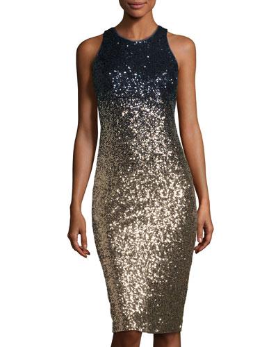 Ombre Sequin Cocktail Dress, Blue/gold