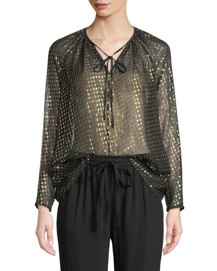 Silk Metallic Fil Coupe Tie-neck Blouse