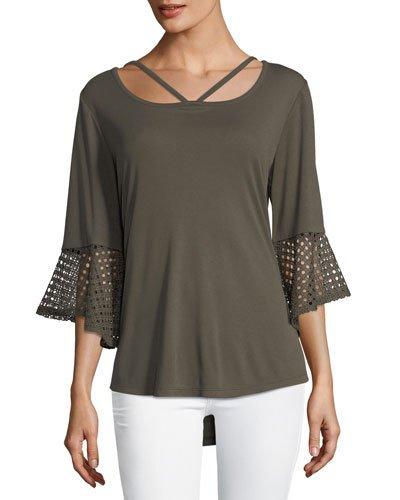 Cage-neck Bell-sleeve Top With Lace Cuffs, Grove