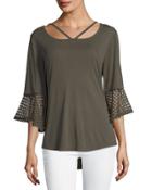 Cage-neck Bell-sleeve Top With Lace Cuffs, Grove