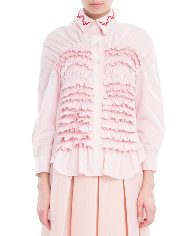 Smocked Cotton Shirt With Embroidered Collar