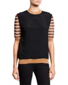 Colorblock Mock-neck Elbow-sleeve Striped-back Top