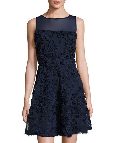 Fit-and-flare Rosette Dress, Navy