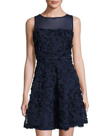 Fit-and-flare Rosette Dress, Navy