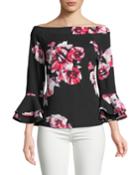 Off-the-shoulder Double Flare Sleeve Blouse, Black/pink