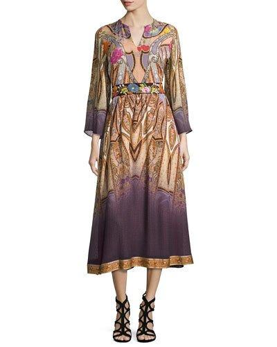 Paisley Bracelet-sleeve Midi Dress, Peach/lilac