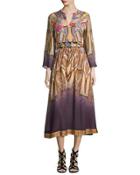 Paisley Bracelet-sleeve Midi Dress, Peach/lilac