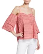 Check Tiered Sleeve Cold-shoulder Short-sleeve