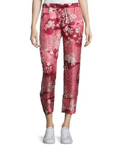 Cropped Floral Silk Satin Pants, Blush