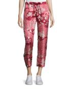 Cropped Floral Silk Satin Pants, Blush