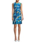 Sleeveless Rose-jacquard Bow-belt A-line Dress