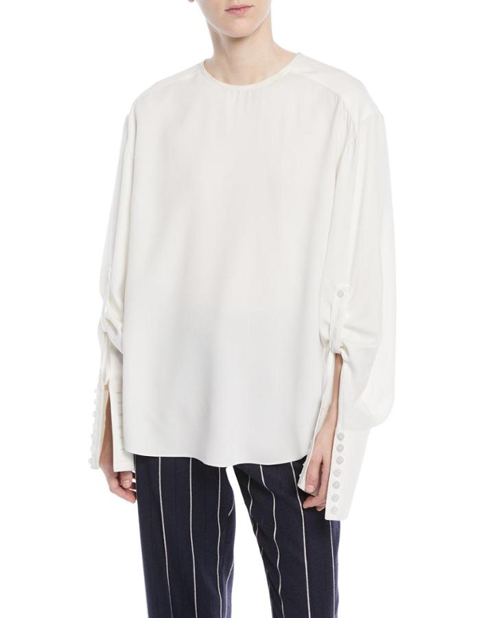 Jewel-neck French-cuff Silk Georgette Blouse