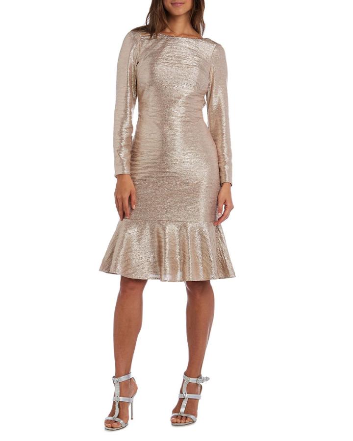 Metallic Long-sleeve Cowl-back Flounce-hem