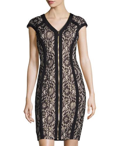 Cap-sleeve Metallic Lace Zip-front Sheath Dress, Putty/black