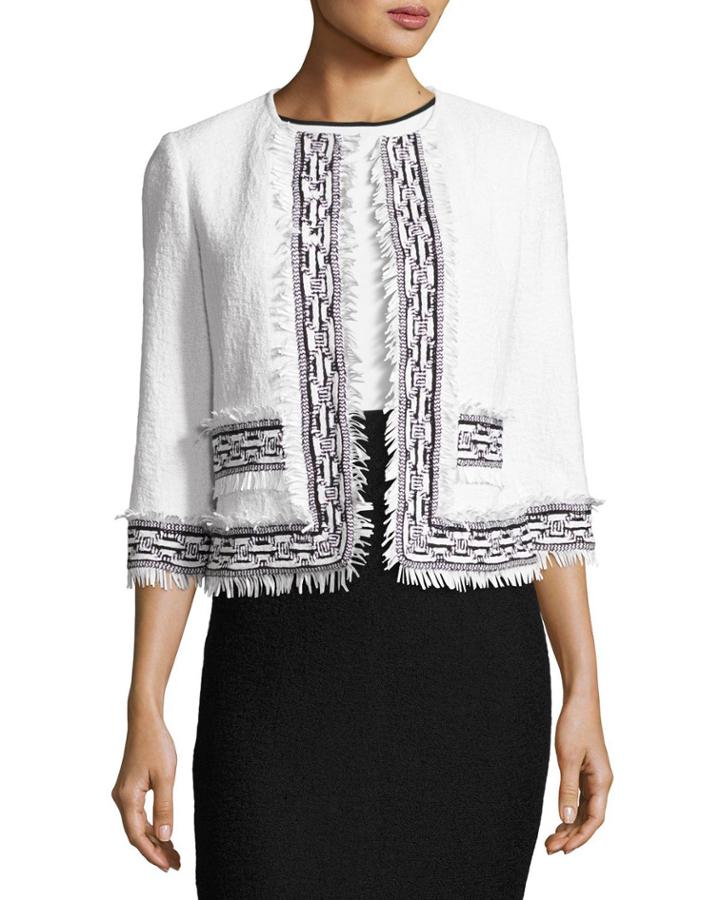 Clair Knit 3/4-sleeve Fringe-trim Jacket, White/black
