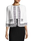 Clair Knit 3/4-sleeve Fringe-trim Jacket, White/black