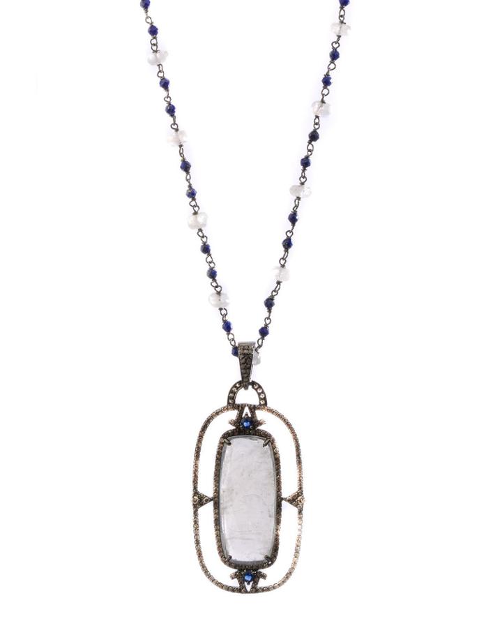 Black Silver Pendant Necklace With Moonstone, Blue Kyanite/sapphire & Diamonds,