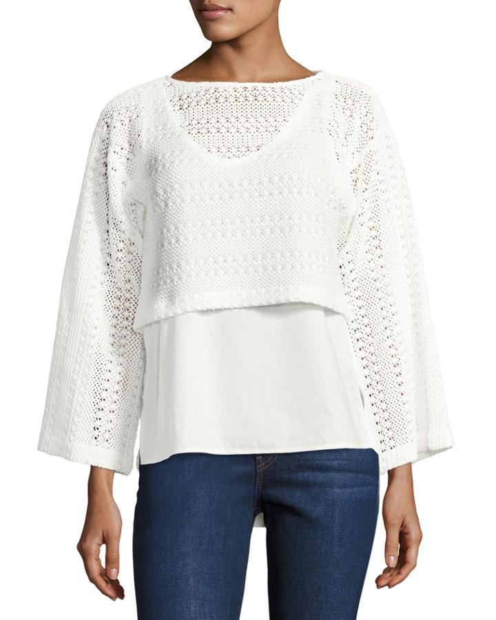 2-in-1 Crochet Top W/ Poplin Underlay, White