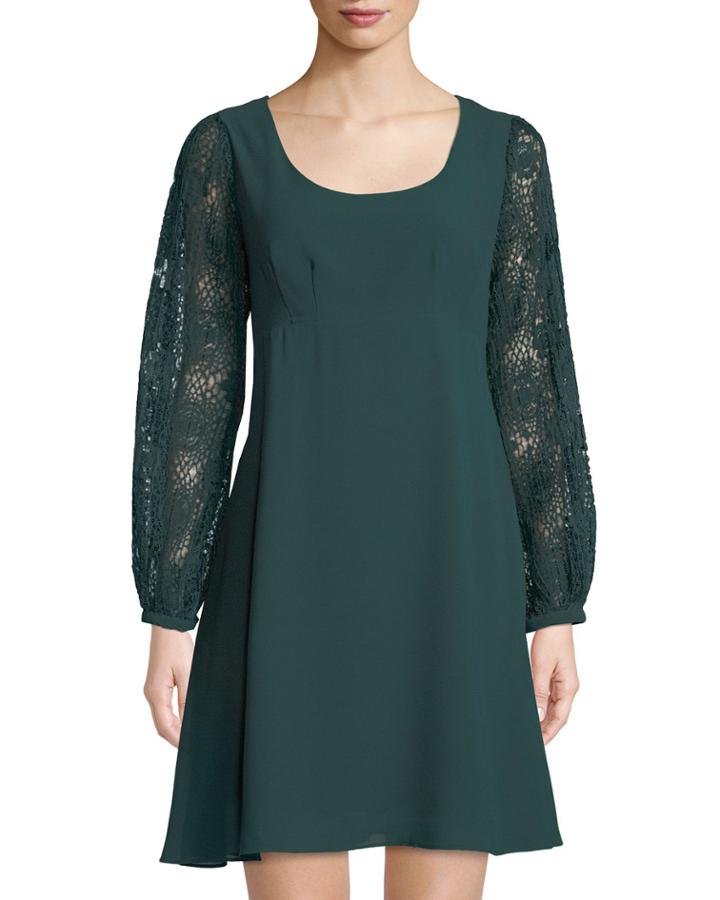 Pleated Lace-sleeve A-line Dress