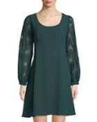 Pleated Lace-sleeve A-line Dress