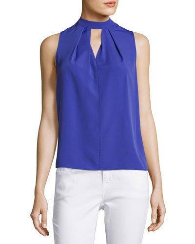 Gathered-neck Keyhole Blouse, Blue