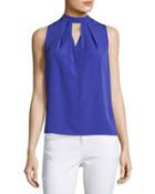 Gathered-neck Keyhole Blouse, Blue