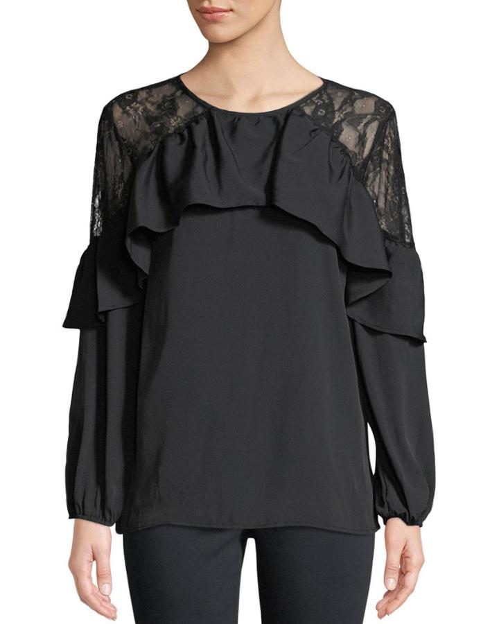 Ruffled Lace-yoke Long-sleeve Blouse
