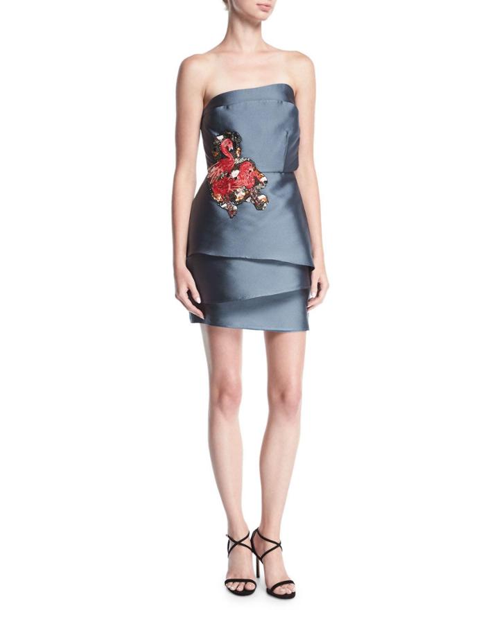 Strapless Mille-feuille Satin Cocktail Dress W/ Flamingo Embroidery