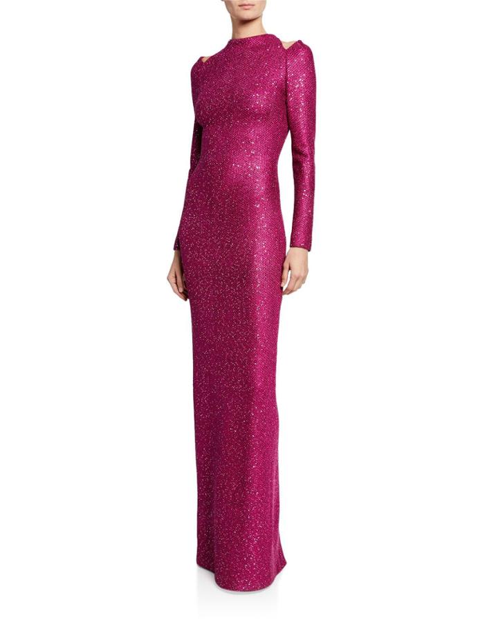 Luxe Sequin High-neck Long-sleeve Gown With Shoulder Cutouts