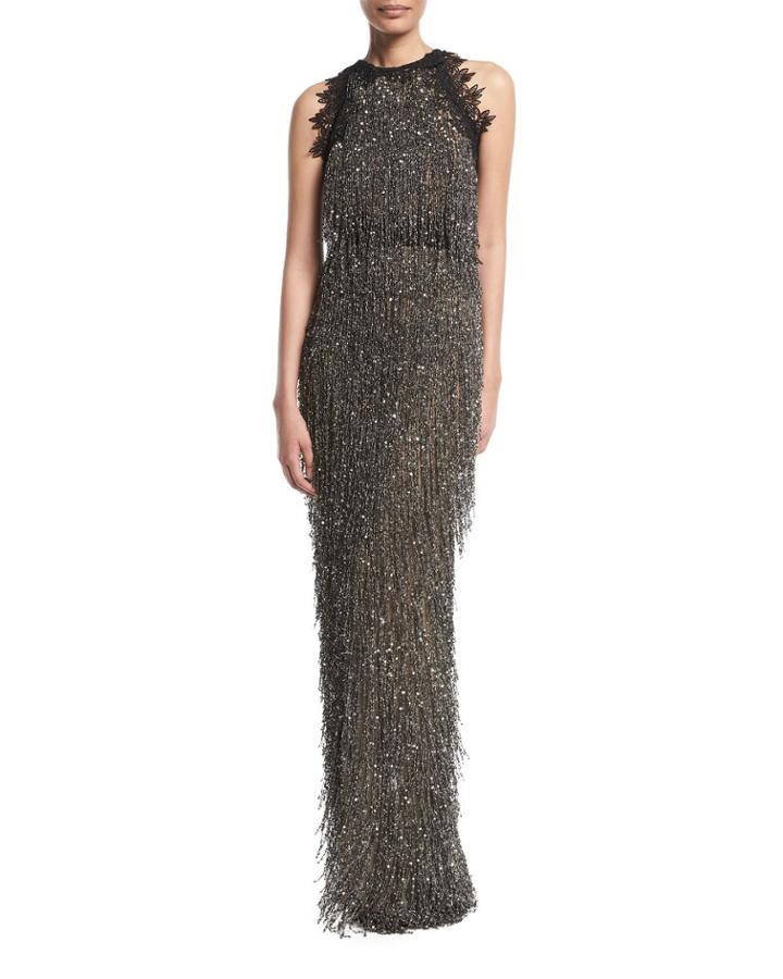 High-neck Sleeveless Fringe-beaded Column Evening Gown
