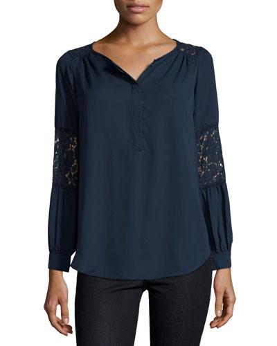 Lace-inset Peasant Tunic, Navy