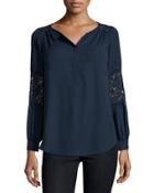 Lace-inset Peasant Tunic, Navy