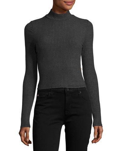 Wide-ribbed Mock-neck Crop Tee, Dark Gray