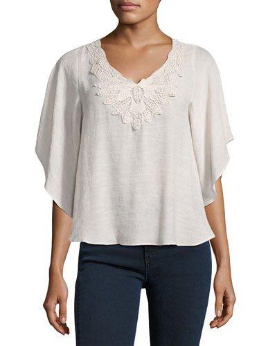 Scalloped V-neck Crochet-trim Poncho Top, Brown