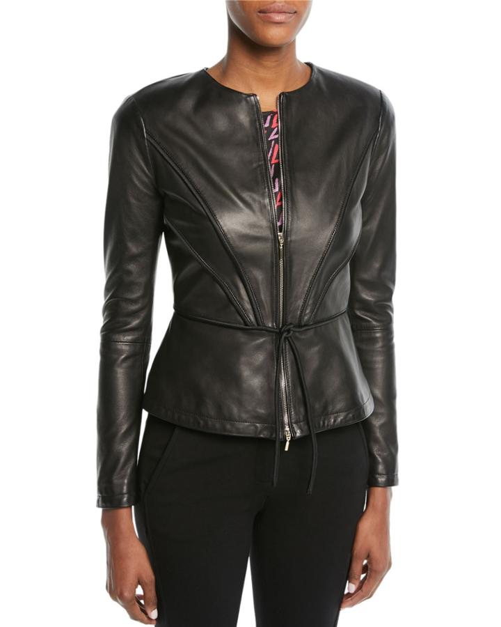 Zip-front Pleated Leather Jacket W/ Tie Detail