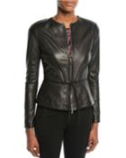 Zip-front Pleated Leather Jacket W/ Tie Detail