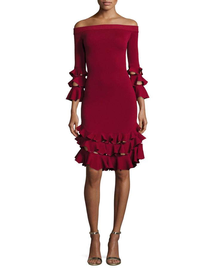 Off-the-shoulder Slashed Knit Ruffled