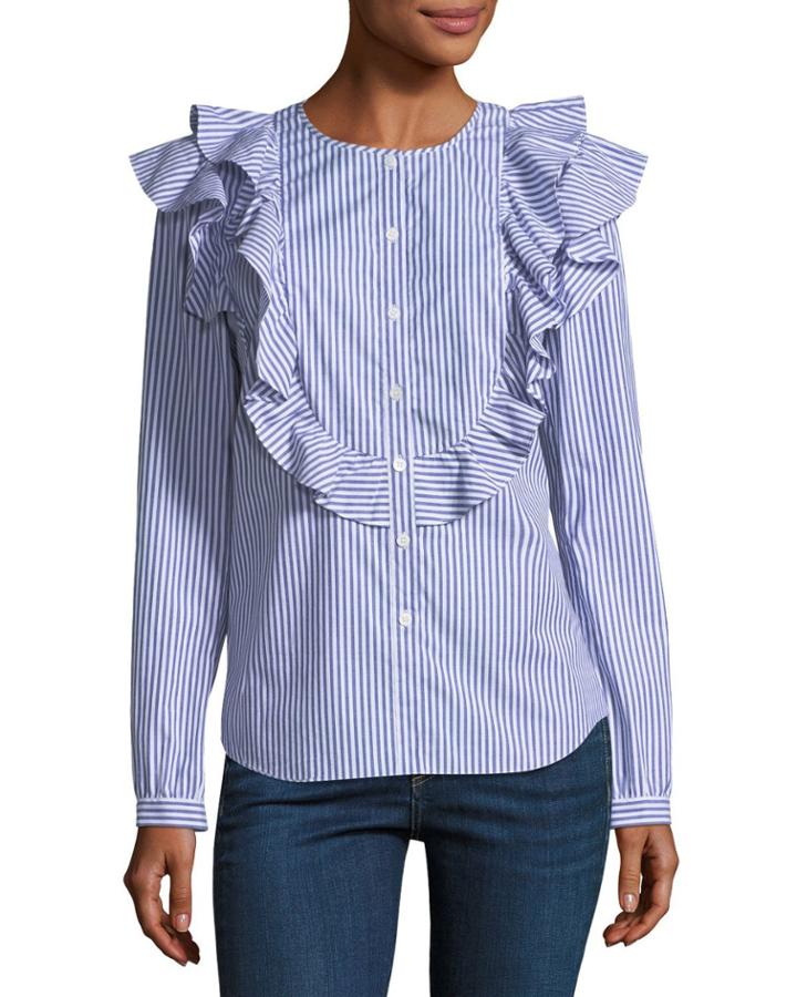 Asher Crewneck Button-front Long-sleeve Poplin Top