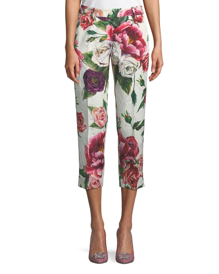 Kate Rose & Peony Brocade Cropped Straight-leg Pants