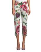 Kate Rose & Peony Brocade Cropped Straight-leg Pants