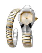 22mm Glam Chic Two-tone Coiled Snake Bracelet Watch, Yellow Golden