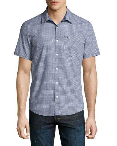 Geometric-print Short-sleeve Shirt, Dark Blue