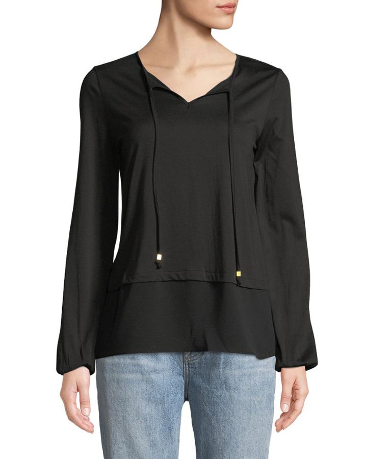 Long-sleeve Contrast-hem Peasant Blouse