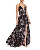 Floral Accordion Pleated Halter Gown