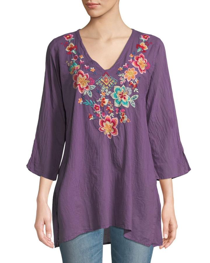 Roma Floral-embroidered V-neck Tunic