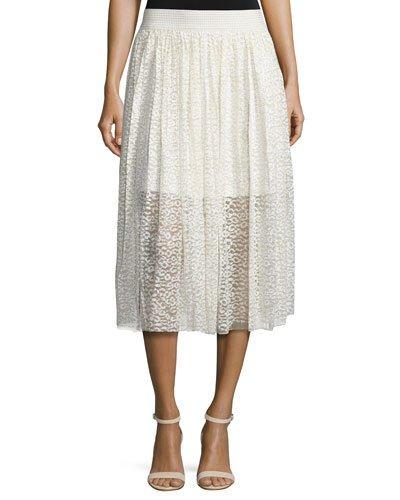 Pleated Metallic Midi Skirt, White/gold
