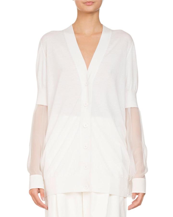 V-neck Button-front Oversized Cardigan W/ Chiffon