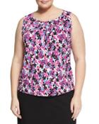 Floral-print Jersey Pleated Blouse, White,