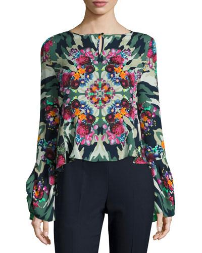 Bell-sleeve Floral Camo-print Silk Top,
